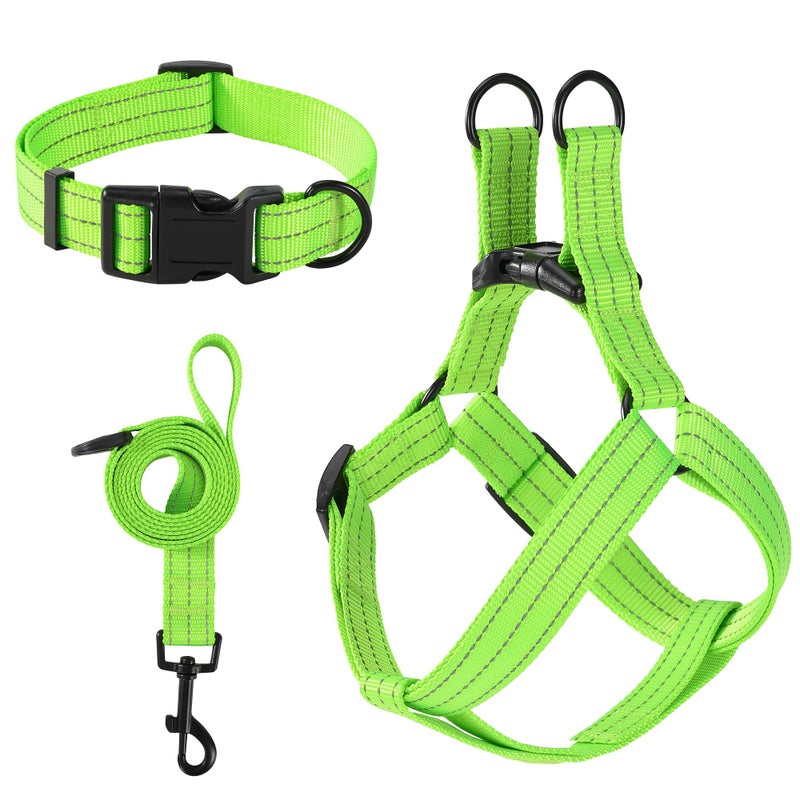 Mile High Life Night Reflective Double Adjustable Band Nylon Small Puppy Pet Dog Combo Collar Leash and Harness Set (Reflective Solid Lime Green, Large (Pack of 3)) - Image 1